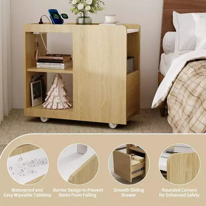Mobile End Table with Charging Station and Drawer - Side Table with 2 AC Outlets, 3-Level Adjustable Shelf and Lockable Wheels