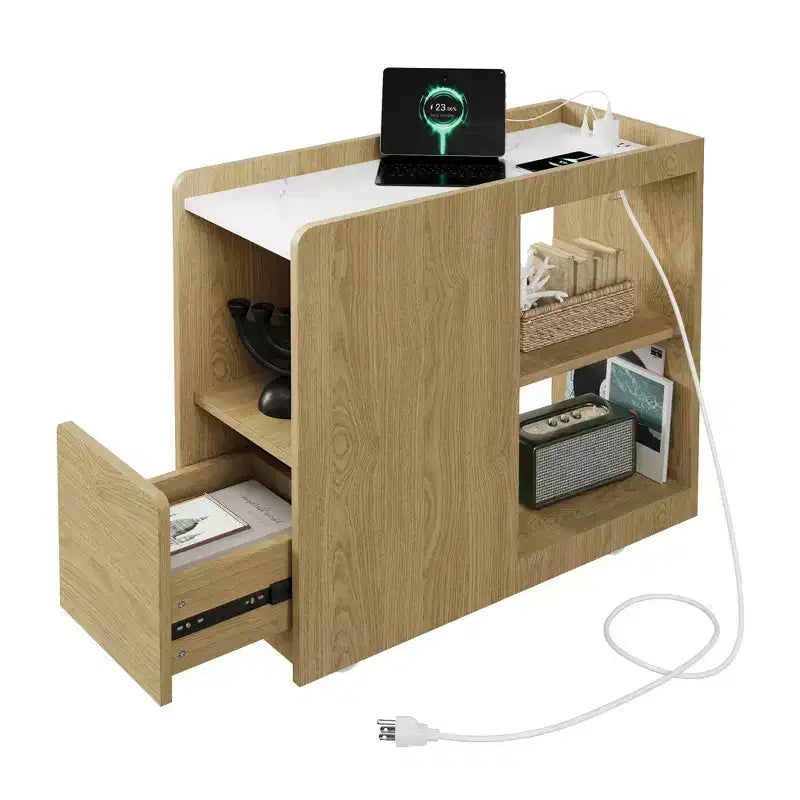 Mobile End Table with Charging Station and Drawer - Side Table with 2 AC Outlets, 3-Level Adjustable Shelf and Lockable Wheels