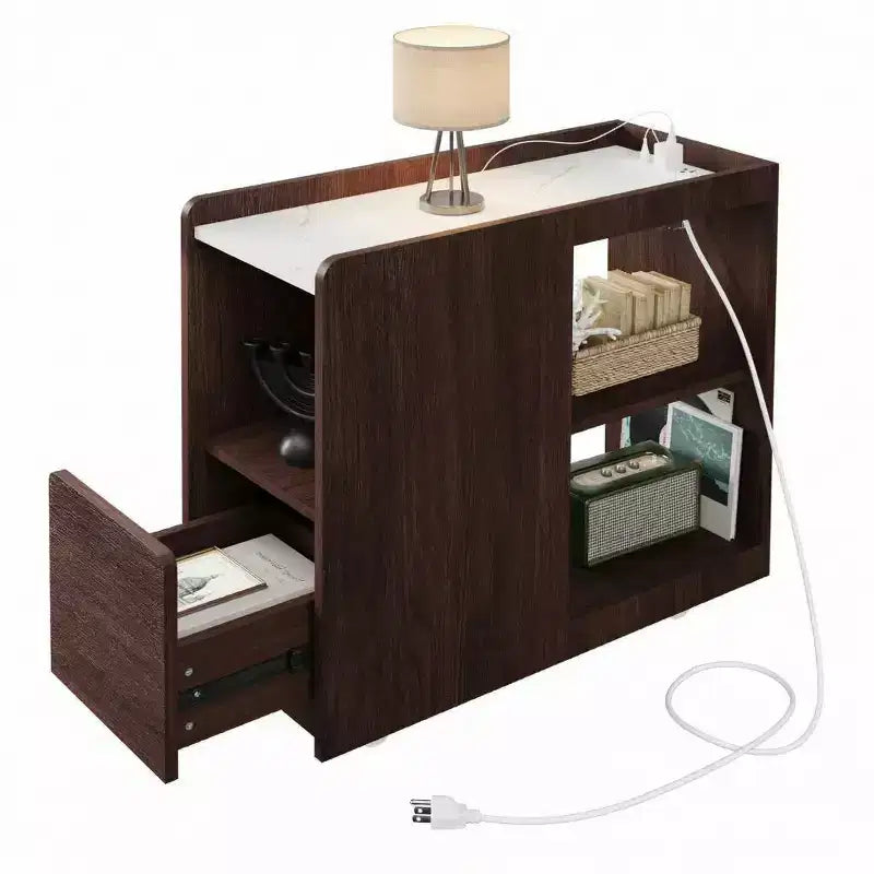 Mobile End Table with Charging Station and Drawer - Side Table with 2 AC Outlets, 3-Level Adjustable Shelf and Lockable Wheels