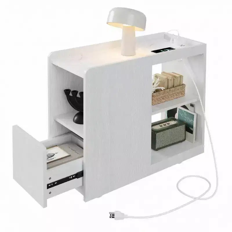 Mobile End Table with Charging Station and Drawer - Side Table with 2 AC Outlets, 3-Level Adjustable Shelf and Lockable Wheels
