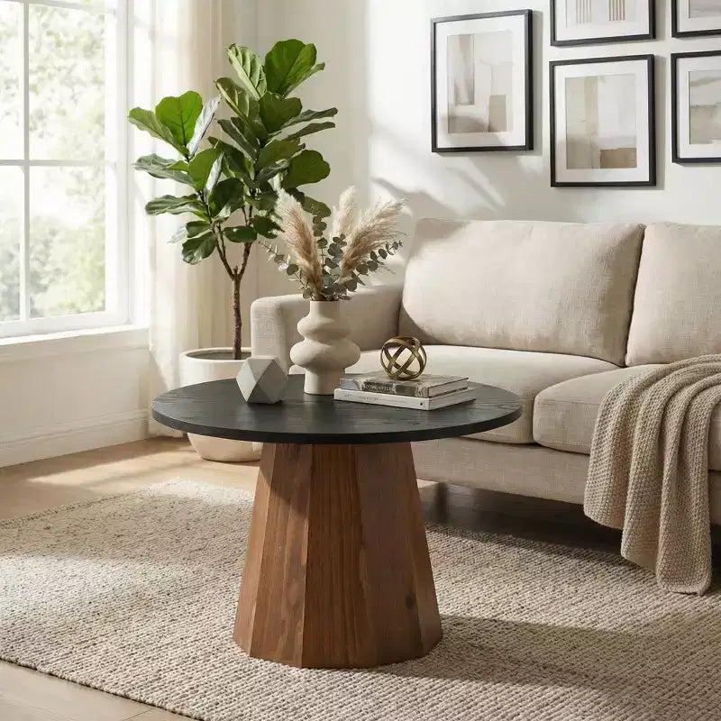 JVNOXK Round Coffee Table Sturdy Pedestal Wooden Tea Table for Living Room Easy to Assemble,Black,Wood