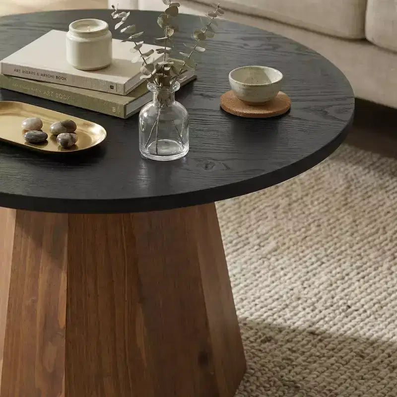 JVNOXK Round Coffee Table Sturdy Pedestal Wooden Tea Table for Living Room Easy to Assemble,Black,Wood