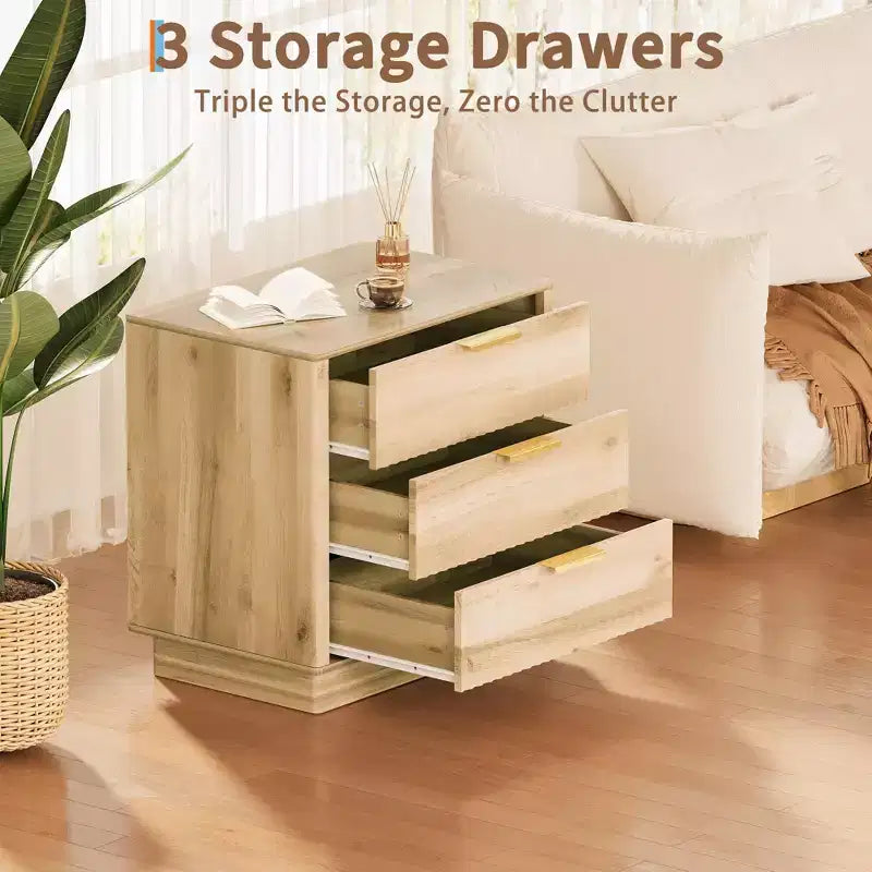 Fluted Nightstand, 23.6 Dx15.6 w Wide Side Table with 3 Large Storage Drawers, Mid Century Modern Wood Night Stand with Metal Handle