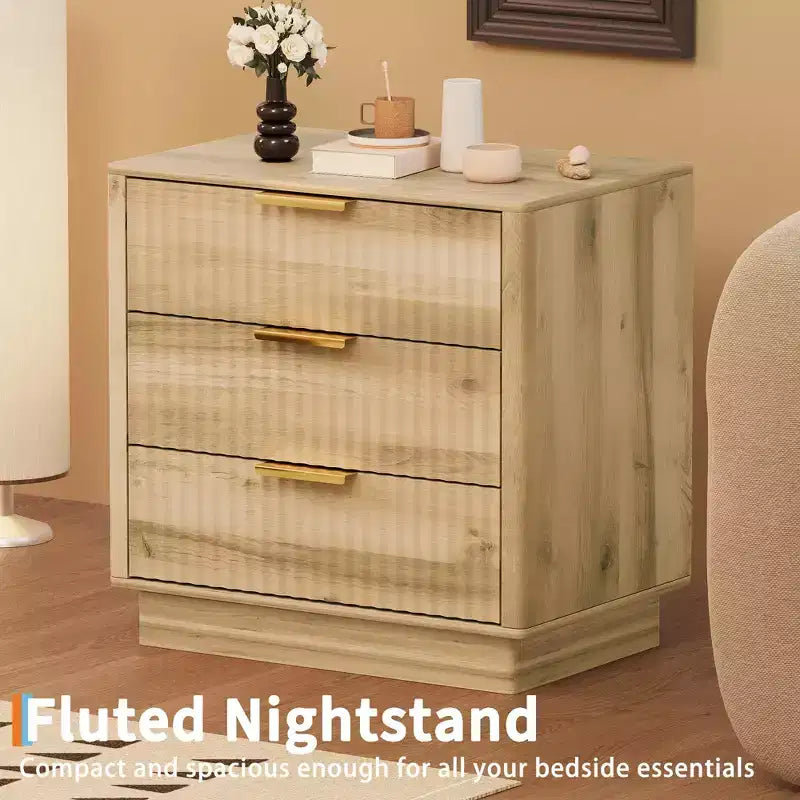 Fluted Nightstand, 23.6 Dx15.6 w Wide Side Table with 3 Large Storage Drawers, Mid Century Modern Wood Night Stand with Metal Handle