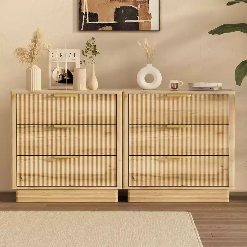 Fluted Nightstand, 23.6 Dx15.6 w Wide Side Table with 3 Large Storage Drawers, Mid Century Modern Wood Night Stand with Metal Handle