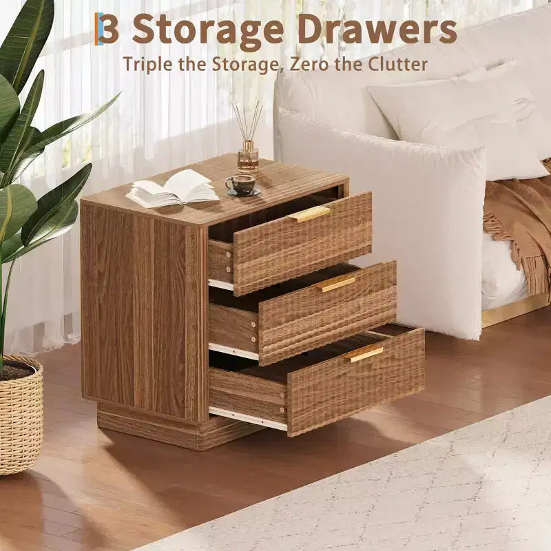 Fluted Nightstand, 23.6 Dx15.6 w Wide Side Table with 3 Large Storage Drawers, Mid Century Modern Wood Night Stand with Metal Handle