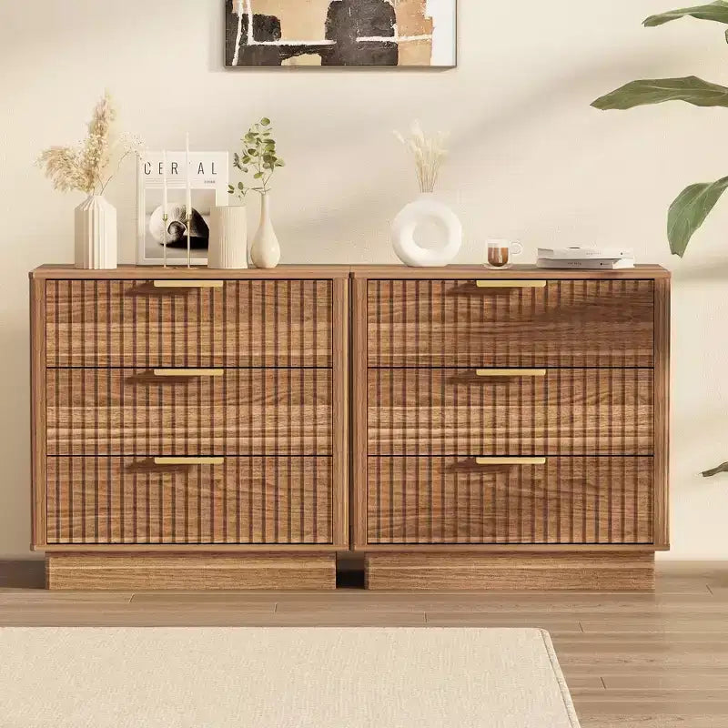 Fluted Nightstand, 23.6 Dx15.6 w Wide Side Table with 3 Large Storage Drawers, Mid Century Modern Wood Night Stand with Metal Handle