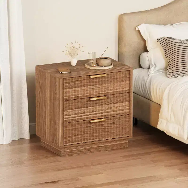 Fluted Nightstand, 23.6 Dx15.6 w Wide Side Table with 3 Large Storage Drawers, Mid Century Modern Wood Night Stand with Metal Handle