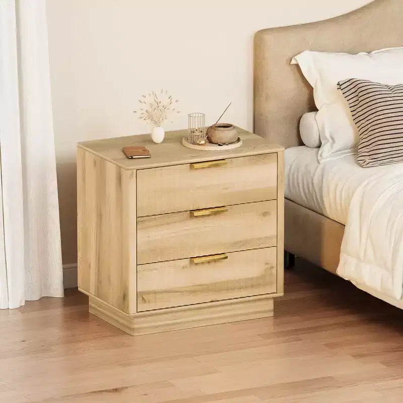 Fluted Nightstand, 23.6 Dx15.6 w Wide Side Table with 3 Large Storage Drawers, Mid Century Modern Wood Night Stand with Metal Handle
