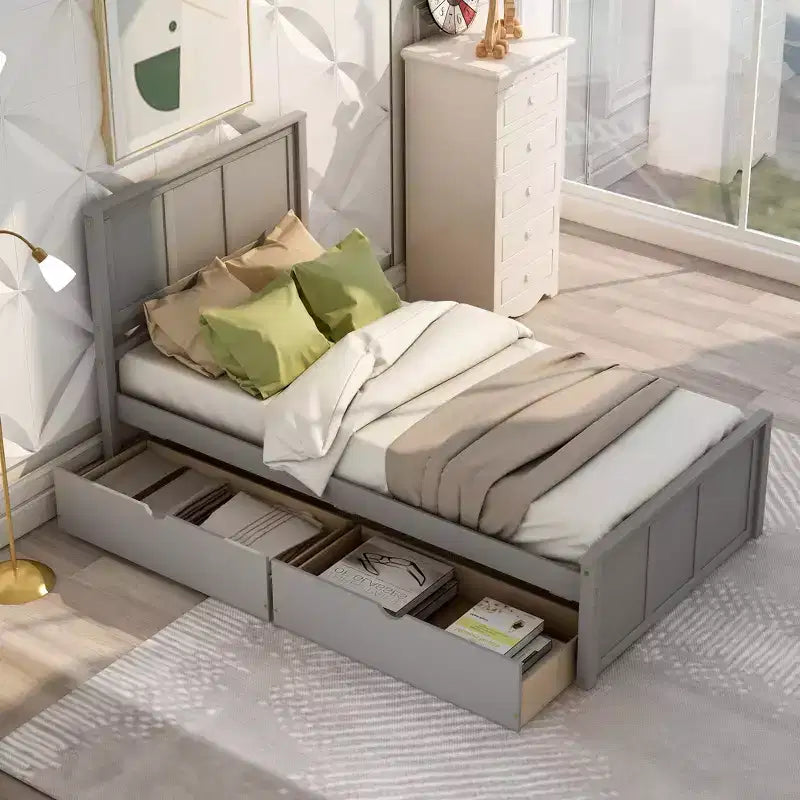FAMYYT Twin Size Platform Bed with 2 Drawers, Easy Assembly, Gray