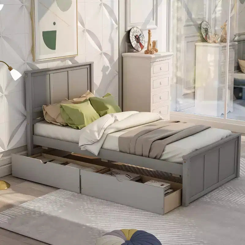 FAMYYT Twin Size Platform Bed with 2 Drawers, Easy Assembly, Gray