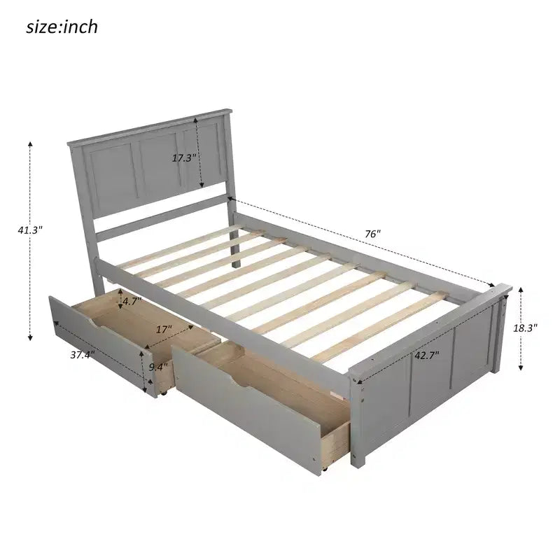 FAMYYT Twin Size Platform Bed with 2 Drawers, Easy Assembly, Gray