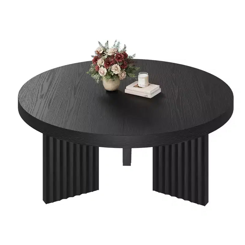 Round Coffee Table, Farmhouse Small Wooden Coffee Table with 3 Strong Legs, Easy Assembly, 33.5'' x 15.7'', Black