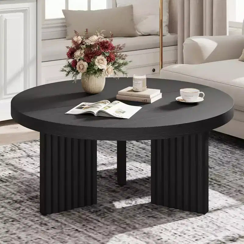 Round Coffee Table, Farmhouse Small Wooden Coffee Table with 3 Strong Legs, Easy Assembly, 33.5'' x 15.7'', Black