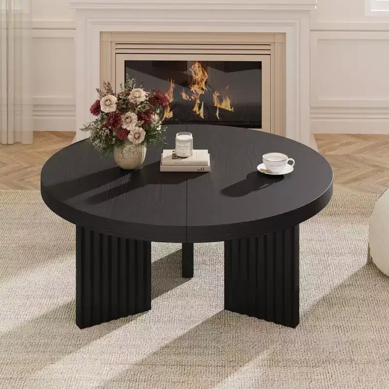 Round Coffee Table, Farmhouse Small Wooden Coffee Table with 3 Strong Legs, Easy Assembly, 33.5'' x 15.7'', Black