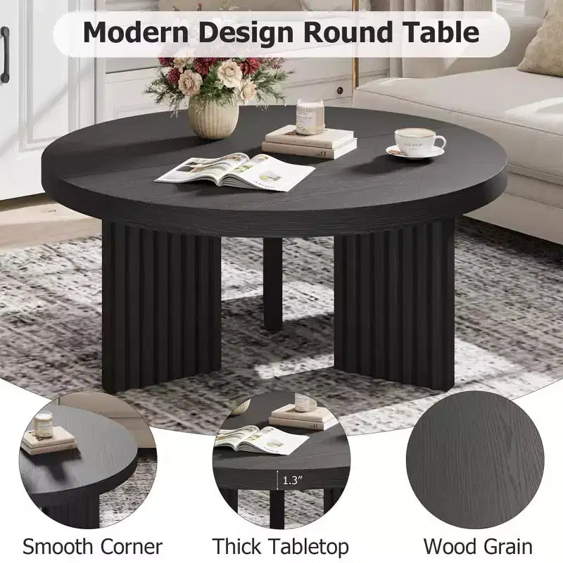 Round Coffee Table, Farmhouse Small Wooden Coffee Table with 3 Strong Legs, Easy Assembly, 33.5'' x 15.7'', Black