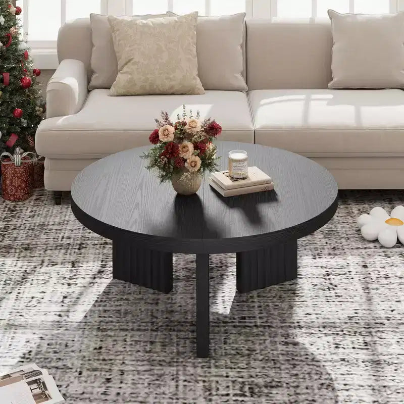 Round Coffee Table, Farmhouse Small Wooden Coffee Table with 3 Strong Legs, Easy Assembly, 33.5'' x 15.7'', Black
