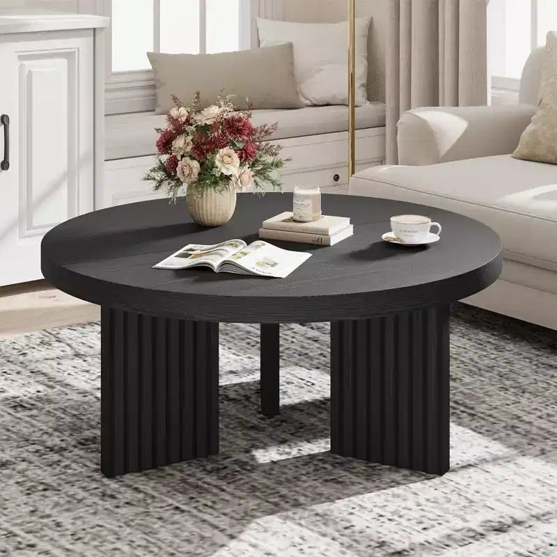 Round Coffee Table, Farmhouse Small Wooden Coffee Table with 3 Strong Legs, Easy Assembly, 33.5'' x 15.7'', Black