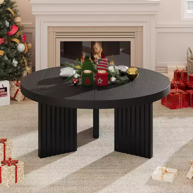 Round Coffee Table, Farmhouse Small Wooden Coffee Table with 3 Strong Legs, Easy Assembly, 33.5'' x 15.7'', Black