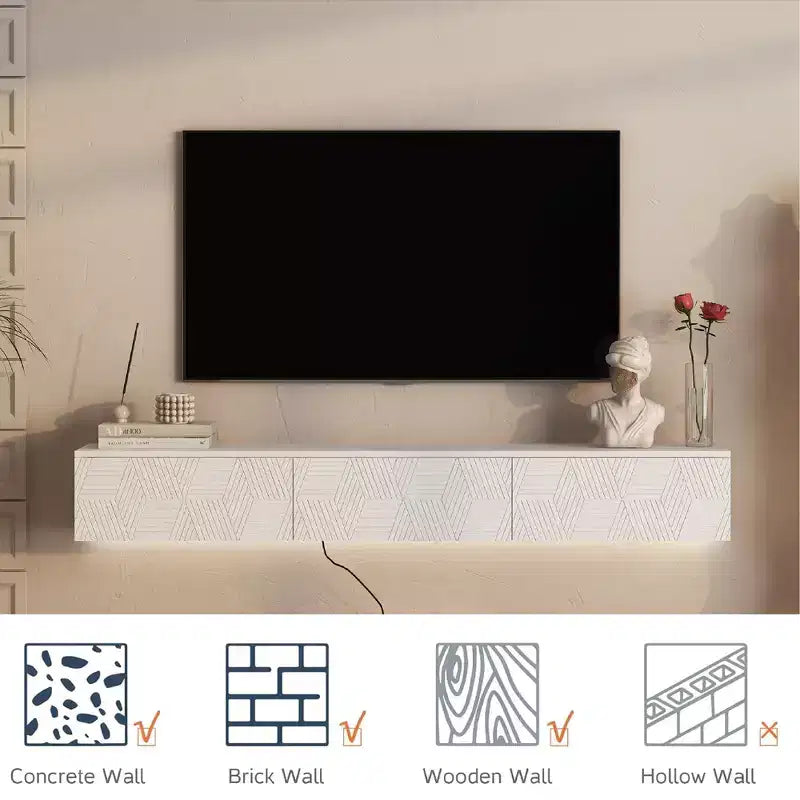 GDFStudio Holme 67'' Modern Floating Wall Mounted TV Stand with 3 Tilt-Out Doors and 16 Color LEDs