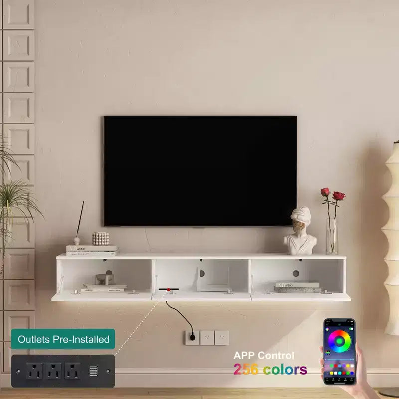 GDFStudio Holme 67'' Modern Floating Wall Mounted TV Stand with 3 Tilt-Out Doors and 16 Color LEDs