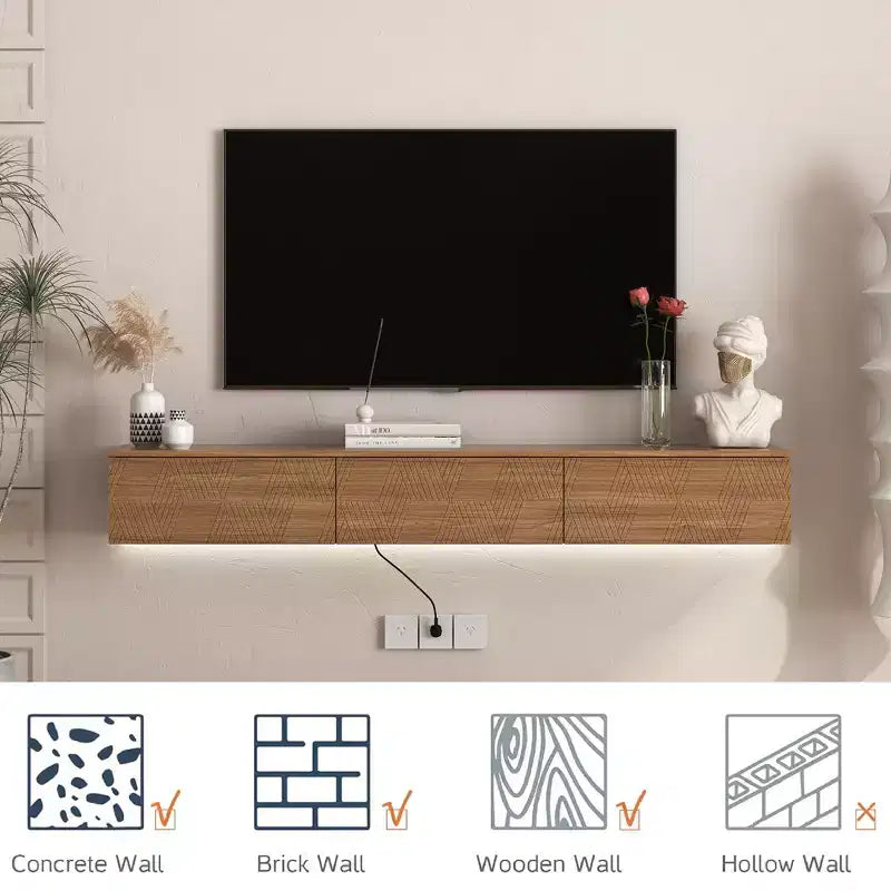 GDFStudio Holme 67'' Modern Floating Wall Mounted TV Stand with 3 Tilt-Out Doors and 16 Color LEDs