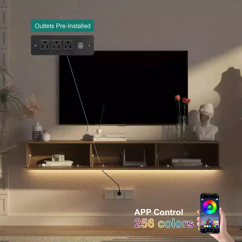 GDFStudio Holme 67'' Modern Floating Wall Mounted TV Stand with 3 Tilt-Out Doors and 16 Color LEDs