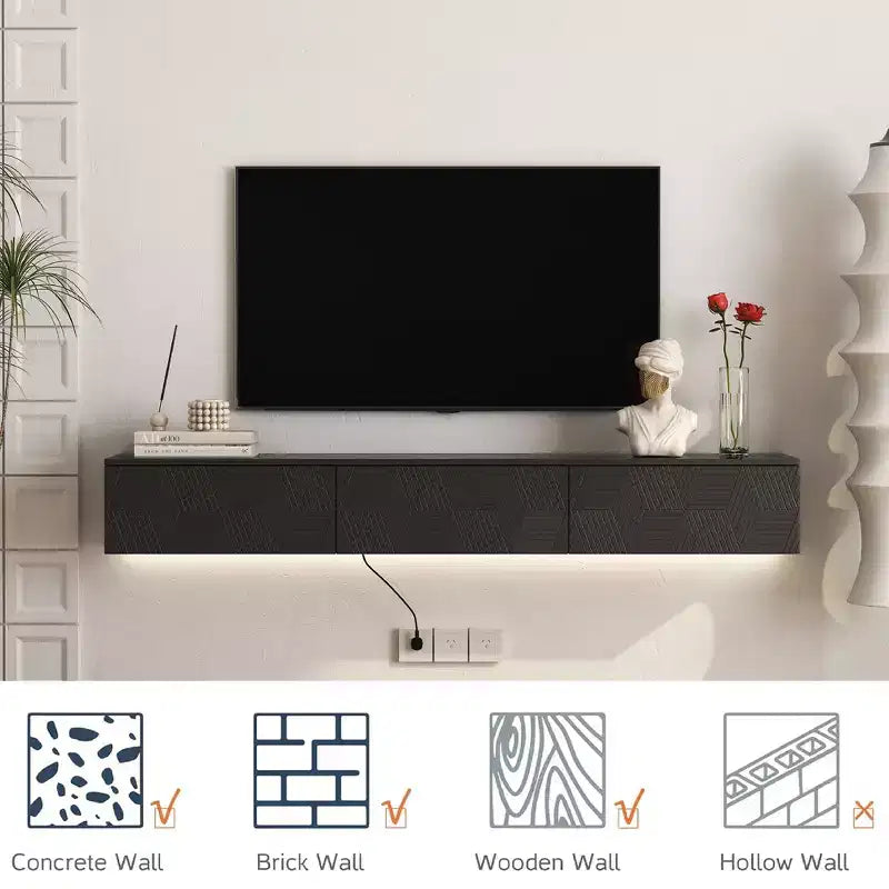 GDFStudio Holme 67'' Modern Floating Wall Mounted TV Stand with 3 Tilt-Out Doors and 16 Color LEDs