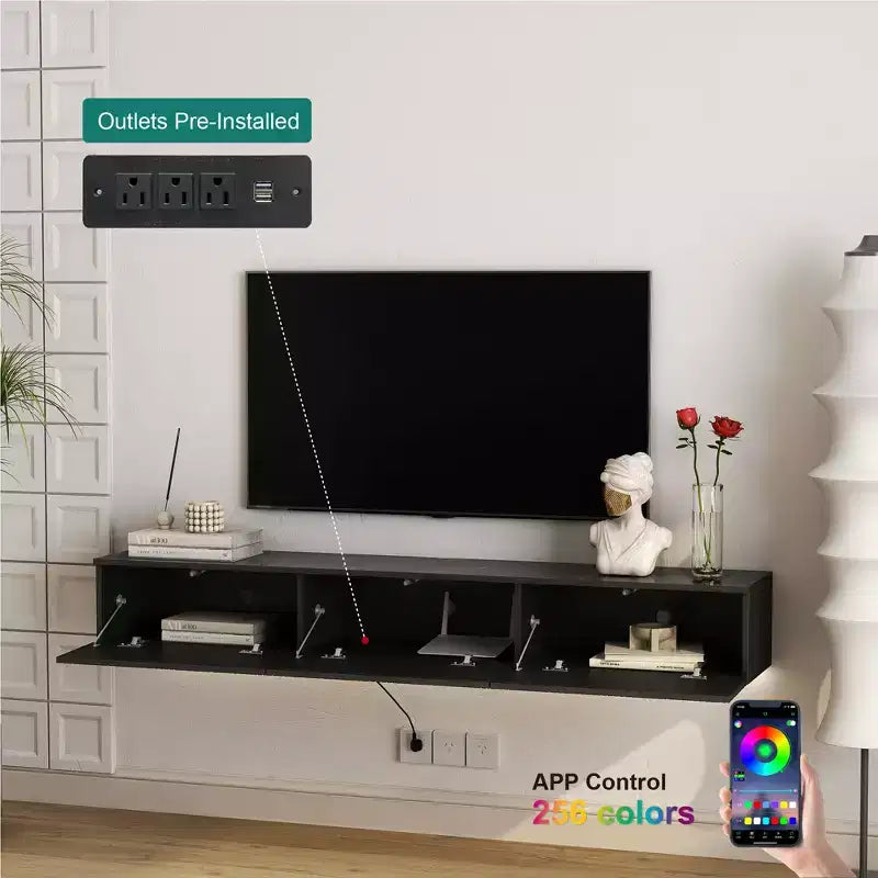 GDFStudio Holme 67'' Modern Floating Wall Mounted TV Stand with 3 Tilt-Out Doors and 16 Color LEDs