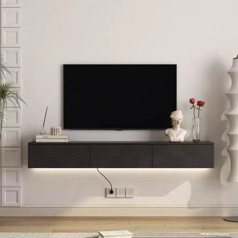 GDFStudio Holme 67'' Modern Floating Wall Mounted TV Stand with 3 Tilt-Out Doors and 16 Color LEDs