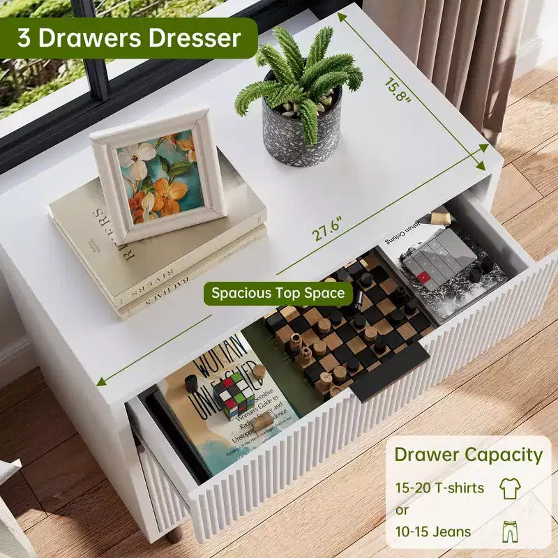 Modern Fluted 3-Drawer Dresser, Wide Wood Chest of Drawers with Metal Legs & Anti-Tip Kit, Storage Organizer for Bedroom & Living Room
