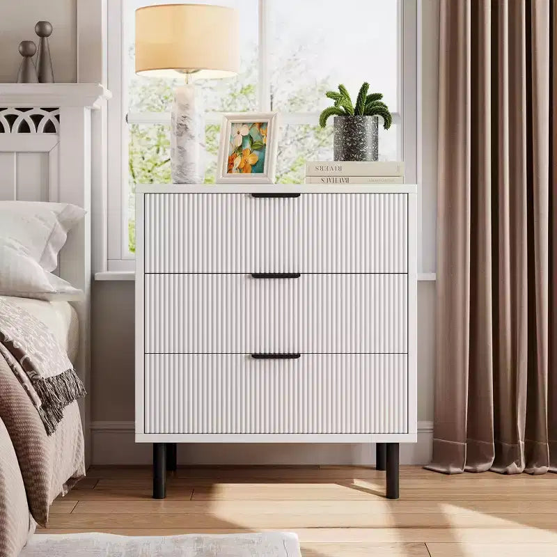 Modern Fluted 3-Drawer Dresser, Wide Wood Chest of Drawers with Metal Legs & Anti-Tip Kit, Storage Organizer for Bedroom & Living Room