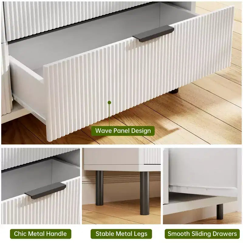 Modern Fluted 3-Drawer Dresser, Wide Wood Chest of Drawers with Metal Legs & Anti-Tip Kit, Storage Organizer for Bedroom & Living Room