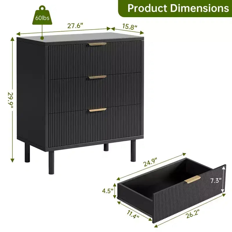 Modern Fluted 3-Drawer Dresser, Wide Wood Chest of Drawers with Metal Legs & Anti-Tip Kit, Storage Organizer for Bedroom & Living Room