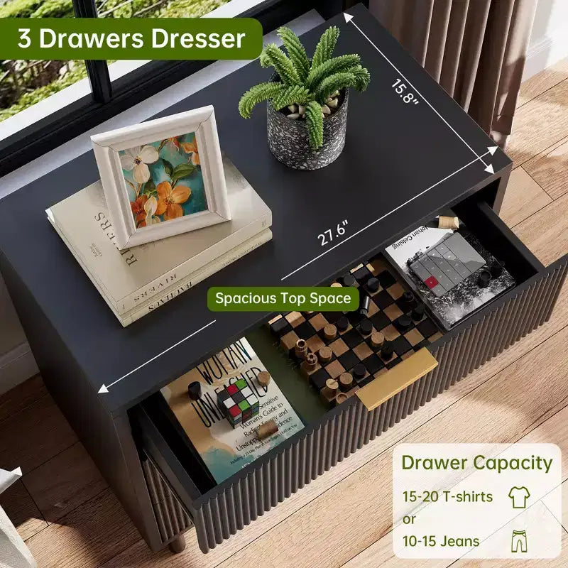 Modern Fluted 3-Drawer Dresser, Wide Wood Chest of Drawers with Metal Legs & Anti-Tip Kit, Storage Organizer for Bedroom & Living Room