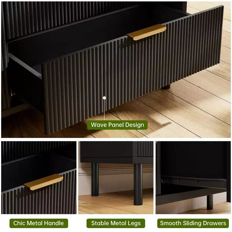 Modern Fluted 3-Drawer Dresser, Wide Wood Chest of Drawers with Metal Legs & Anti-Tip Kit, Storage Organizer for Bedroom & Living Room
