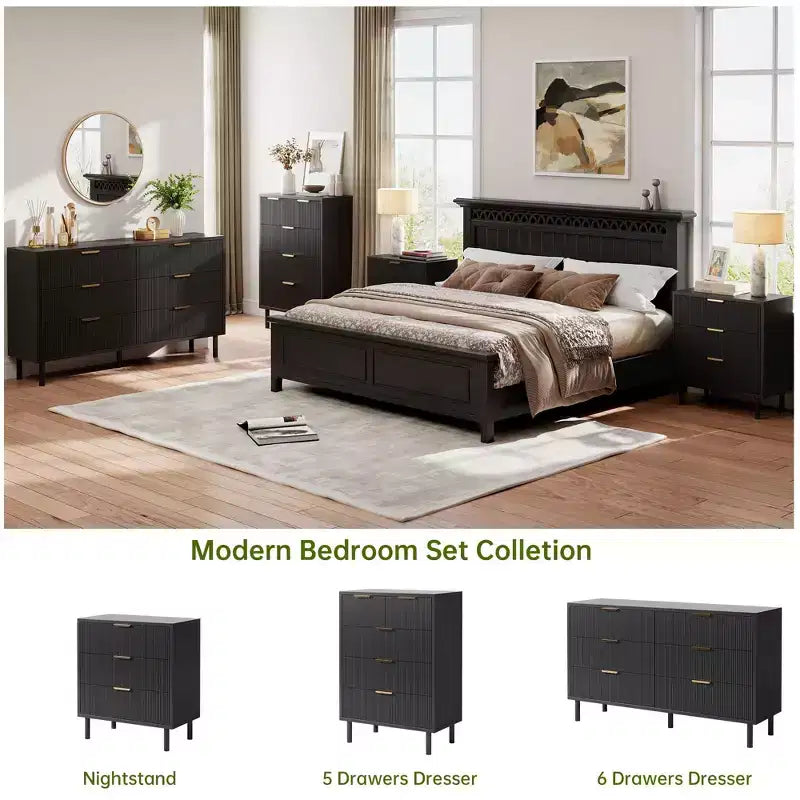 Modern Fluted 3-Drawer Dresser, Wide Wood Chest of Drawers with Metal Legs & Anti-Tip Kit, Storage Organizer for Bedroom & Living Room