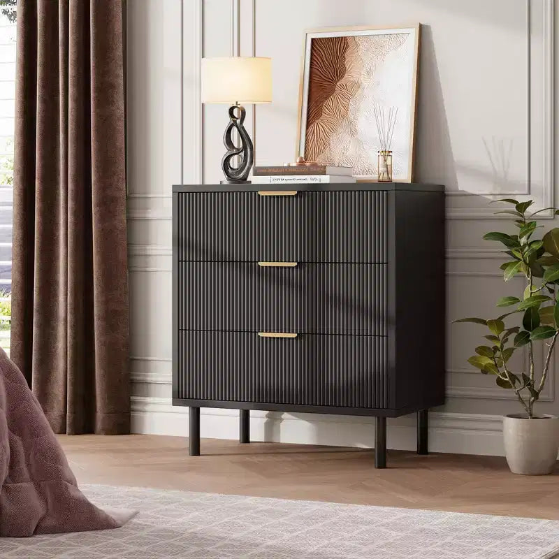 Modern Fluted 3-Drawer Dresser, Wide Wood Chest of Drawers with Metal Legs & Anti-Tip Kit, Storage Organizer for Bedroom & Living Room