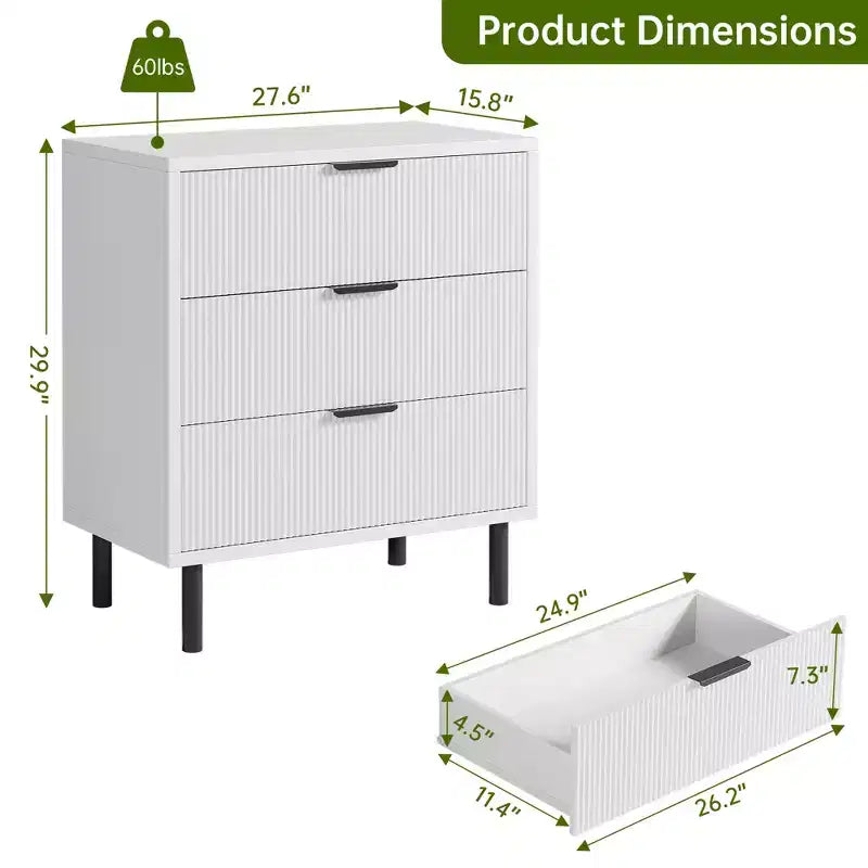 Modern Fluted 3-Drawer Dresser, Wide Wood Chest of Drawers with Metal Legs & Anti-Tip Kit, Storage Organizer for Bedroom & Living Room