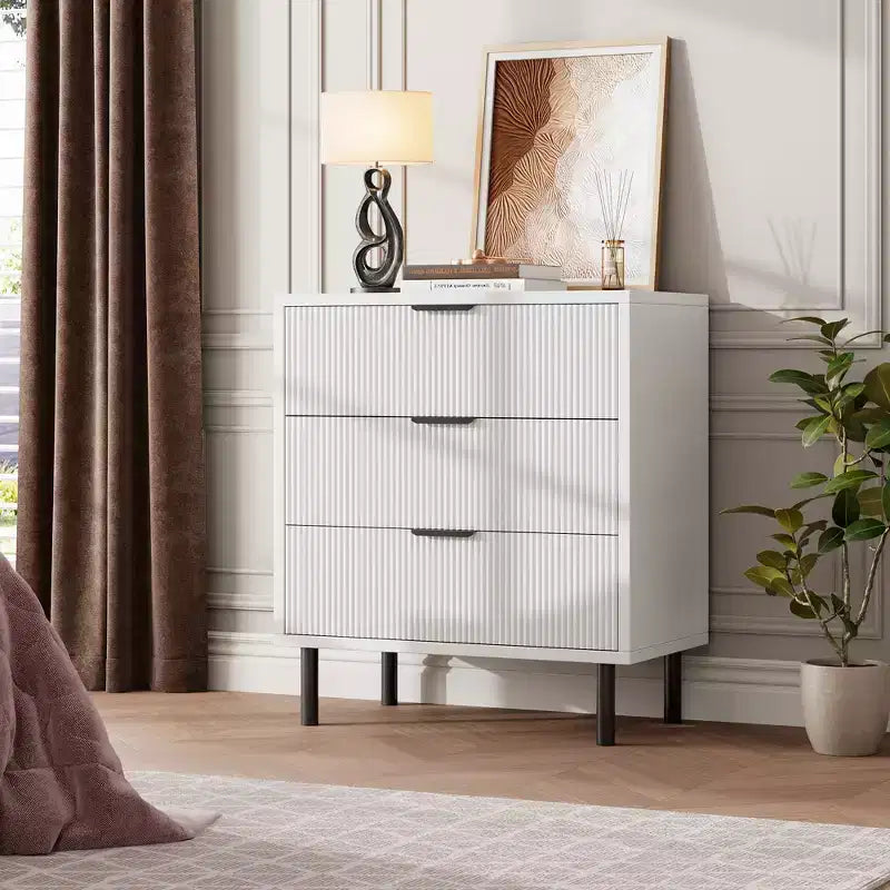 Modern Fluted 3-Drawer Dresser, Wide Wood Chest of Drawers with Metal Legs & Anti-Tip Kit, Storage Organizer for Bedroom & Living Room