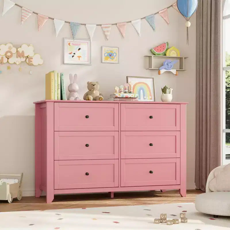 Large 6-Drawer Wood Dresser with Deep Drawers, Modern Bedroom Chest of Drawers with Metal Knobs for Hallway & Closet