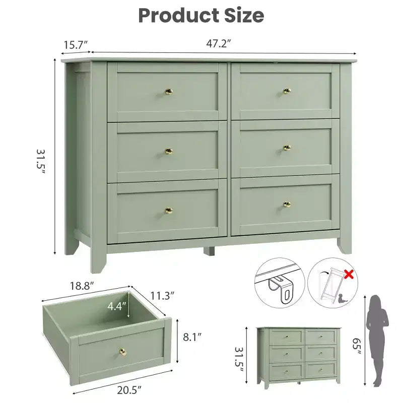 Large 6-Drawer Wood Dresser with Deep Drawers, Modern Bedroom Chest of Drawers with Metal Knobs for Hallway & Closet