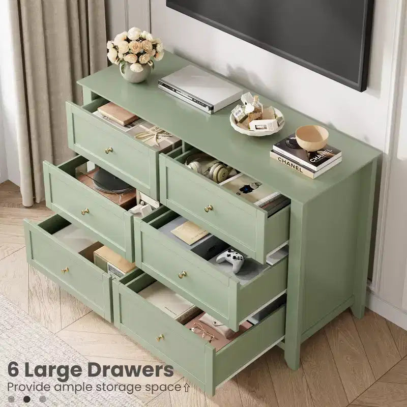Large 6-Drawer Wood Dresser with Deep Drawers, Modern Bedroom Chest of Drawers with Metal Knobs for Hallway & Closet