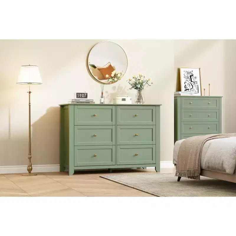 Large 6-Drawer Wood Dresser with Deep Drawers, Modern Bedroom Chest of Drawers with Metal Knobs for Hallway & Closet