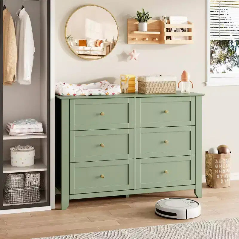 Large 6-Drawer Wood Dresser with Deep Drawers, Modern Bedroom Chest of Drawers with Metal Knobs for Hallway & Closet