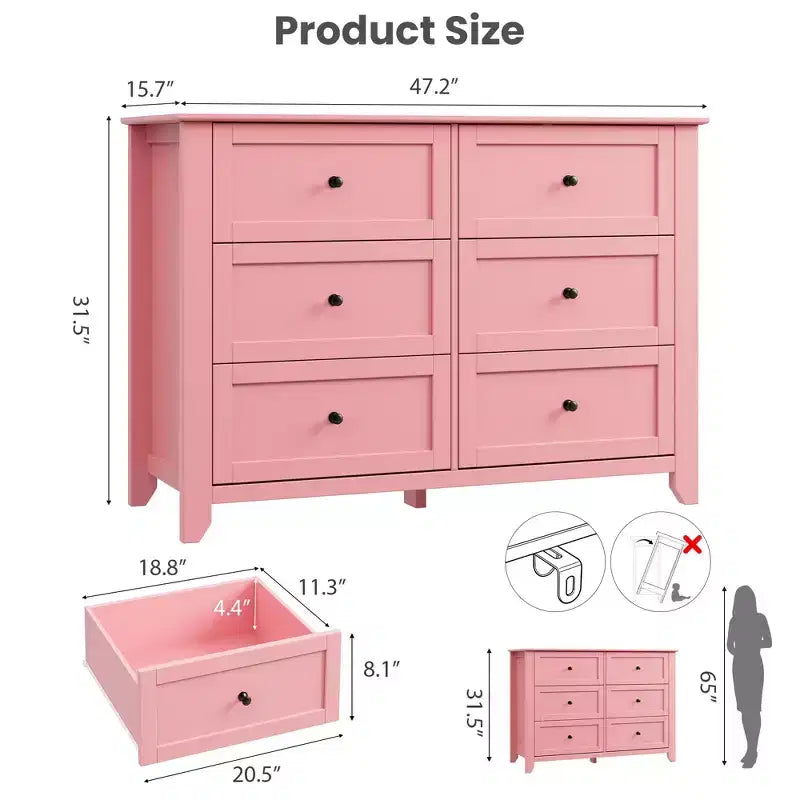 Large 6-Drawer Wood Dresser with Deep Drawers, Modern Bedroom Chest of Drawers with Metal Knobs for Hallway & Closet
