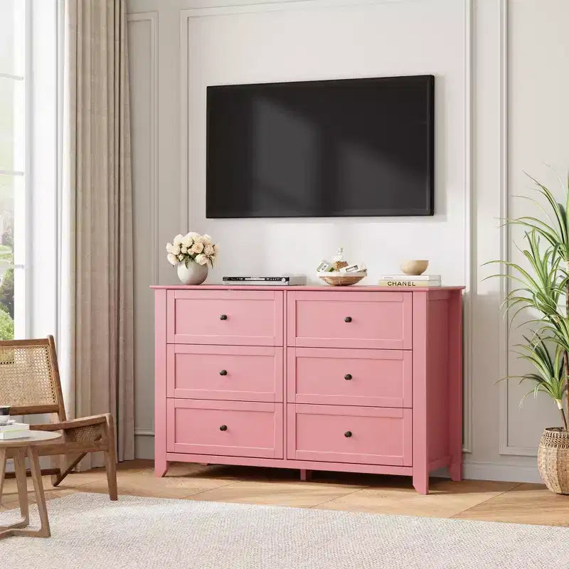 Large 6-Drawer Wood Dresser with Deep Drawers, Modern Bedroom Chest of Drawers with Metal Knobs for Hallway & Closet