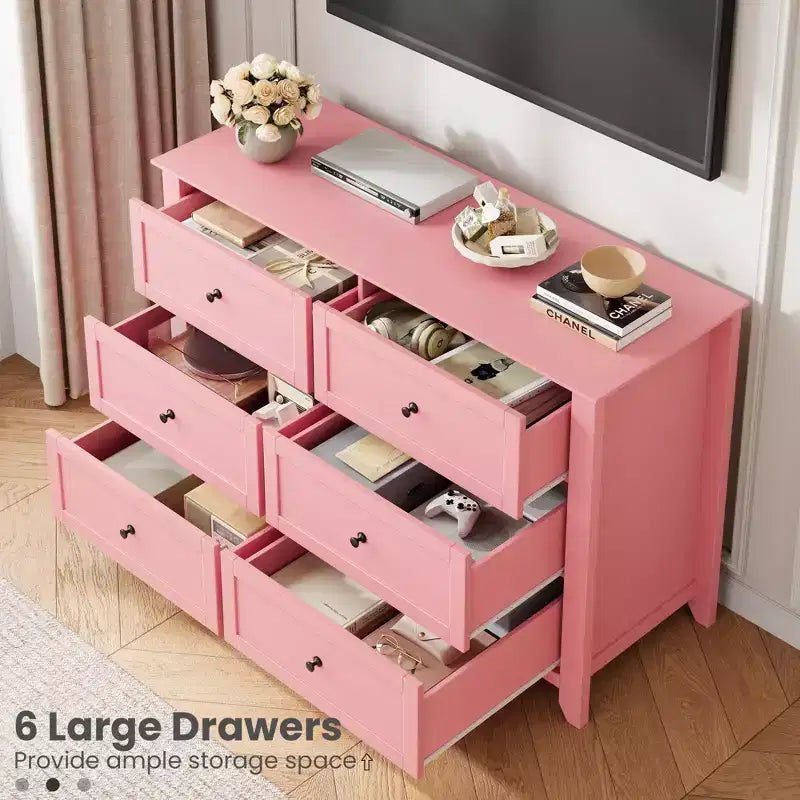 Large 6-Drawer Wood Dresser with Deep Drawers, Modern Bedroom Chest of Drawers with Metal Knobs for Hallway & Closet