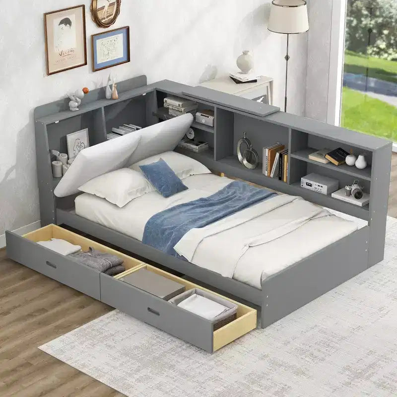 FAMYYT Twin Size Platform Bed?With Storage Headboard, Shelves and 2 Drawers, Easy Assembly