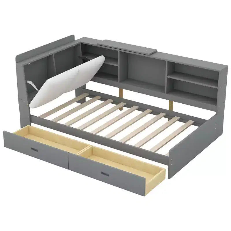 FAMYYT Twin Size Platform Bed?With Storage Headboard, Shelves and 2 Drawers, Easy Assembly